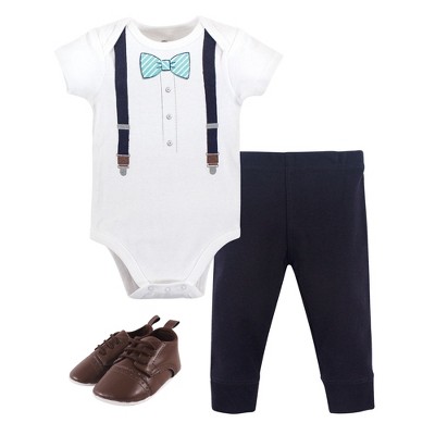 Little Treasure Baby Boy Cotton Bodysuit, Pant and Shoe 3pc Set, Mint Stripe Bow Tie