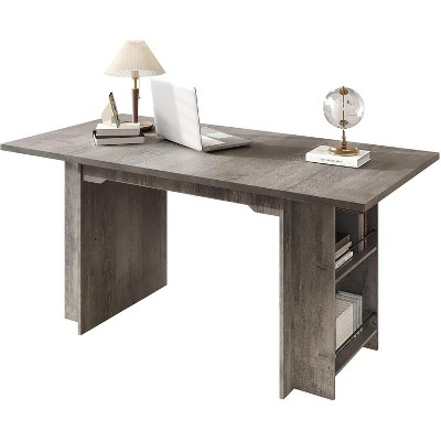 63" Farmhouse Dining Table, Wood Kitchen Table, 4 Storage Shelves, Rustic Wooden Rectangular Kitchen Table, Seats 4-6, for Dining Room