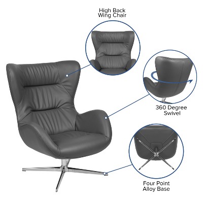 Gray LeatherSoft Retro Swivel Wing Accent Chair with Aluminum Base