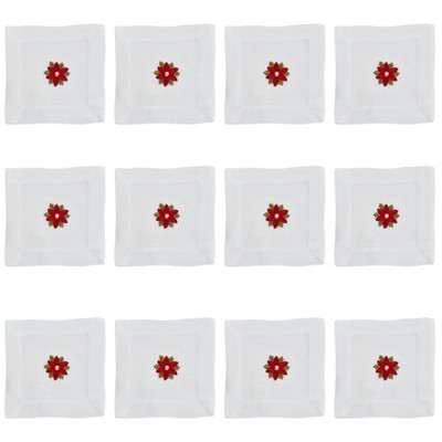 White Embroidered Poinsettia Winter Cocktail Napkins Set of 12