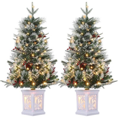 3FT Small Pre-Lit Artificial Christmas Tree with 78 LED Lights, Snow Flocked Xmas Tree with Red Berries, Pine Cones, Timer/Battery-Operated Base