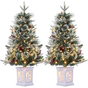 3FT Small Pre-Lit Artificial Christmas Tree with 78 LED Lights, Snow Flocked Xmas Tree with Red Berries, Pine Cones, Timer/Battery-Operated Base - 1 of 4