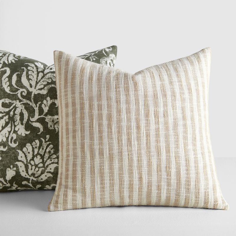2-Pack Yarn-Dyed Patterns Olive Throw Pillows - Becky Cameron, Olive Yarn-Dyed Bengal Stripe / Distressed Floral, 20 x 20, 6 of 9