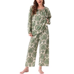 INSPIRE CHIC Women's Pajamas Set Long Sleeve Floral Pullover Tie Front Wide Leg 2 Piece Loungewear - 1 of 4