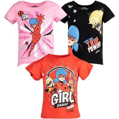 Miraculous Ladybug Cat Noir Rena Rouge Big Girls 3 Pack Graphic T-Shirts Black / Pink / Red 10-12