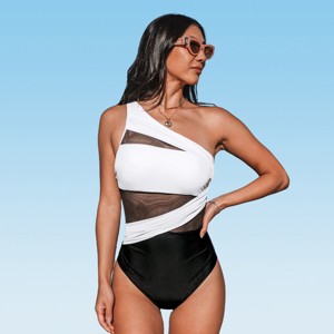 Women's Mesh One Shoulder Tummy Control One-Piece Swimsuit - Cupshe - 1 of 4