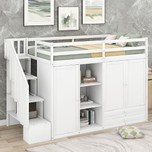 NicBex Twin Size Loft Bed Wooden Bed Frame with Wardrobes, Drawers, Shelves, Storage Stairs and Full Length Guardrail, No Box Spring Required - 1 of 4