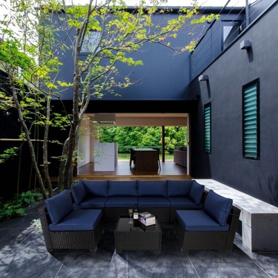 FIONECA Deluxe 7-Piece Outdoor Patio Furniture Set ¨C Black Rattan Sectional Sofa with Blue Cushions & Table