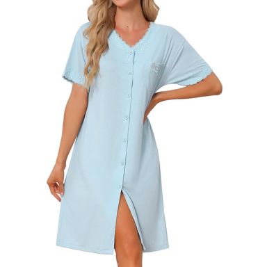 blue sleep dress INSPIRE CHIC Women's Casual Lace V-Neck Short Sleeve Button-Down Loose Midi Nightgown XX-Large Baby : Target Heels A-Line Off Shoulder Satin Rental Length:4 Days Pajamas Bottoms