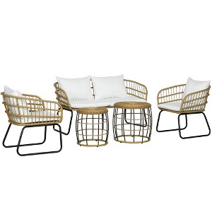 Outsunny 5 Piece PE Rattan Outdoor Furniture Set with Cushioned Chairs, Loveseat Sofa & Stackable Coffee Tables - 1 of 4