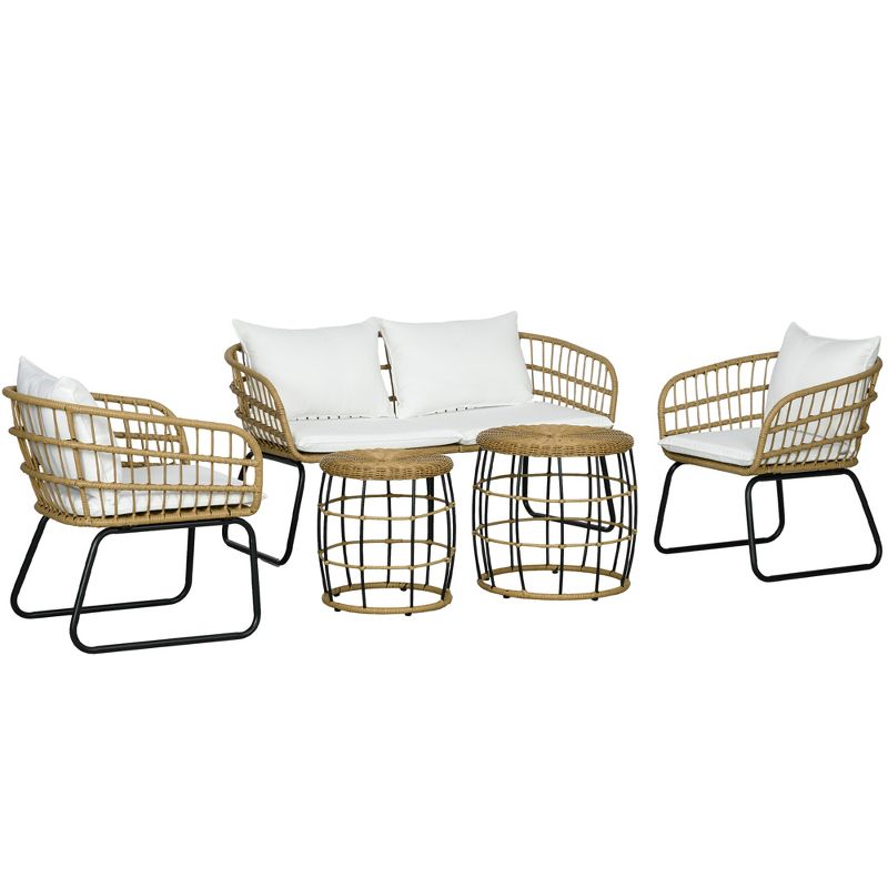 Outsunny 5 Piece PE Rattan Outdoor Furniture Set with Cushioned Chairs, Loveseat Sofa & Stackable Coffee Tables, 1 of 7
