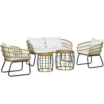 Outsunny 5 Piece PE Rattan Outdoor Furniture Set with Cushioned Chairs, Loveseat Sofa & Stackable Coffee Tables