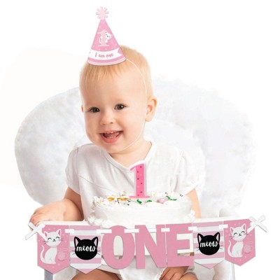 Big Dot of Happiness Purr-fect Kitty Cat 1st Birthday - First Birthday Girl Smash Cake Decorating Kit - High Chair Decorations