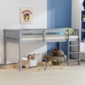 JOYMOR Low Loft Bed Twin Size with Stairs, Wooden Loft Bed for Kids, Junior，Young Teens，Pine Wood Twin Bed Frame, No Box Spring Needed, Gray - 1 of 4