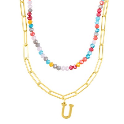 Adornia 14k Gold Plated Adjustable Layered Color Beads and Paperclip Chain Initial Necklace