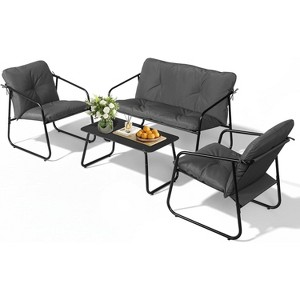 VINGLI 4 Piece Patio Conversation Set, Outdoor Furniture Set with Glass Coffee Table & Comfortable Cushion, Grey - 1 of 4