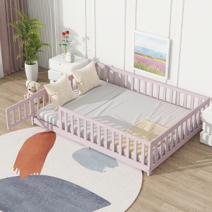 NicBex Full Size Floor Bed with Fence and Door,Rubber Wood Floor Bed with Safety Guardrails,Montessori Floor Bed for Kids,Girls,Boys - 1 of 4