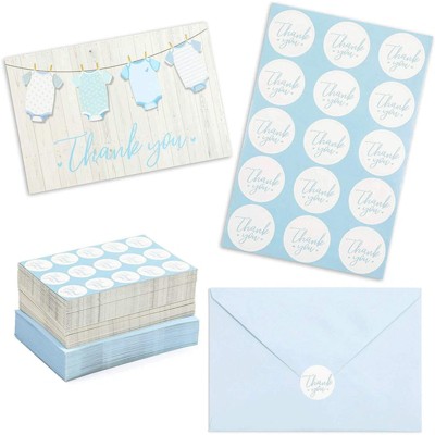 Pipilo Press 60 Pack Boy Baby Shower Thank You Cards with Blue Envelopes, Cute Stickers, Blank Inside, 6 x 4 In