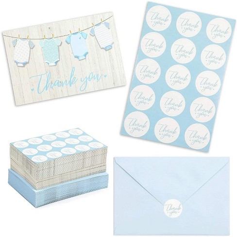 Pipilo Press 60-pack Baby Clothesline Design Boy Baby Shower Thank You Cards  With Blue Envelopes, 60 Stickers, Personalized Blank Cards, 6 X 4 In :  Target