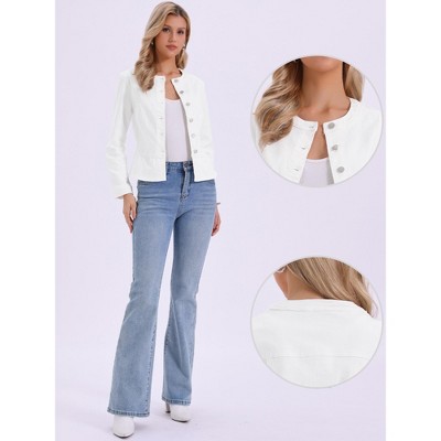 INSPIRE CHIC Women's Denim Peplum Hem Button Down Collarless Long Sleeve Jean Jackets Large White — фото 2