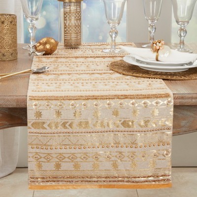 Beige and Gold Cotton Bohemian Table Runner with Beaded Design