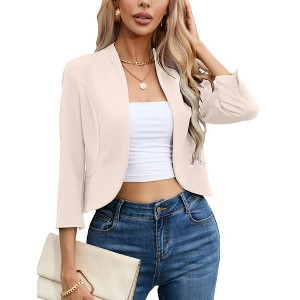 YESFASHION Women's Open Front Office Work Business  3/4 Sleeve Casual Lightweight 2025 Summer Crop Suit Blazer - 1 of 4