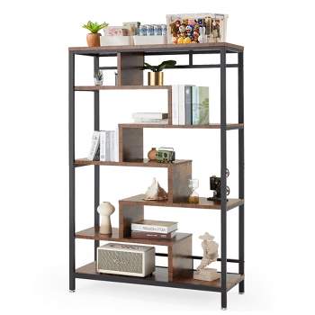JOMEED 7 Tier Industrial Steel Open Display Asymmetrical Bookshelf Bookcase Organizer Rack for Home, Living Room, and Office, Black/Brown