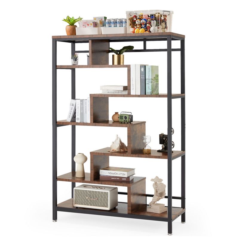 JOMEED 7 Tier Industrial Steel Open Display Asymmetrical Bookshelf Bookcase Organizer Rack for Home, Living Room, and Office, Black/Brown, 1 of 7