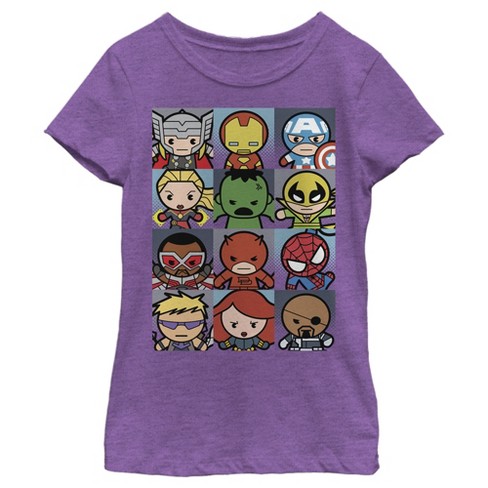 Girl's Marvel Kawaii Cute Cartoon Hero Squares T-shirt - Purple