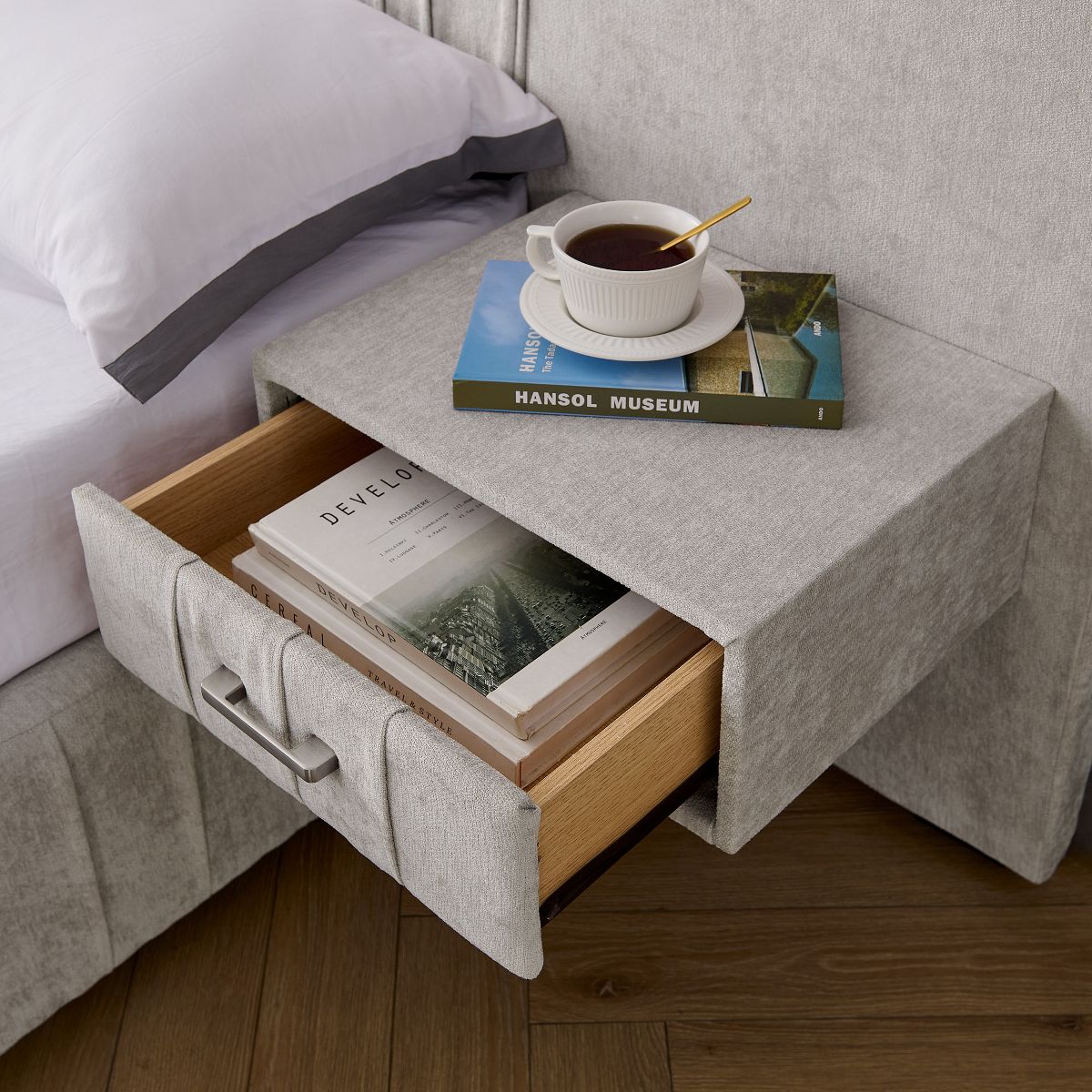 Titus Beige Chenille Platform Bed Nigh Stand