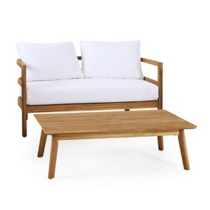 2pc Ellendale Outdoor Acacia Wood Loveseat & Coffee Table Teak/White - Christopher Knight Home: UV-Resistant Patio Set with Cushions - 1 of 4