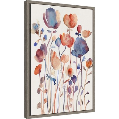 Wild Flowers Abstract Watercolor Canvas Wall Art in Gray Frame