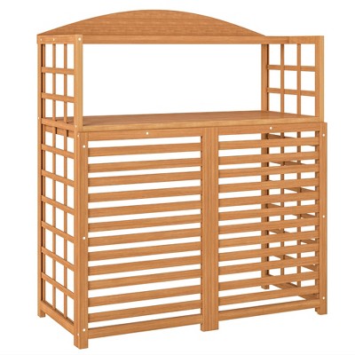 Outsunny Wood Air Conditioner Fence, Outdoor Privacy Screen Potting Table with Shelves, Pool Equipment Enclosure AC Fence for Patio, Light Brown