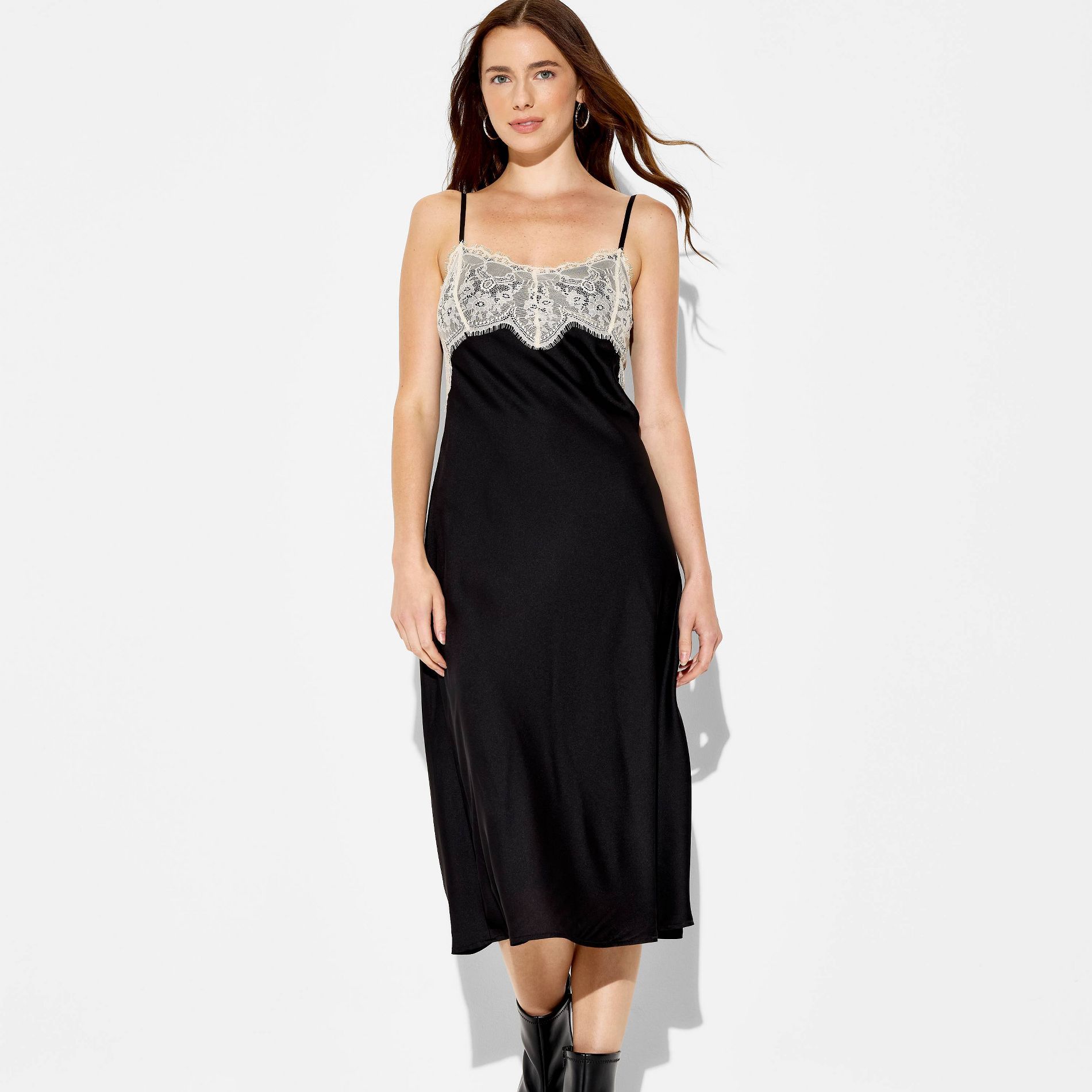 Women's Lace Trim Satin Midi A-Line Dress - Wild Fable™
