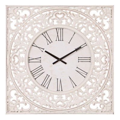 24" Distressed Ornate Wood Carved Wall Clock White - Patton Wall Decor