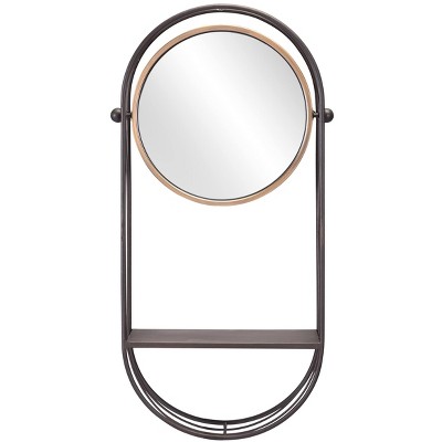 Industrial Elliptical Patinated Gold and Wood Wall Mirror