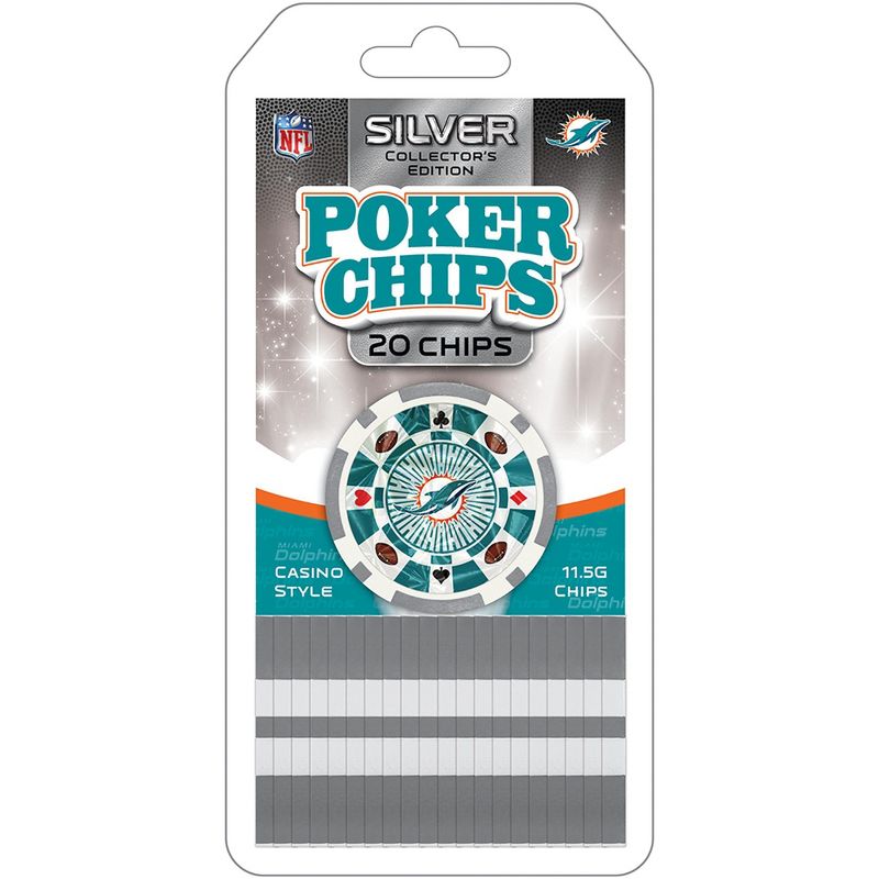 MasterPieces Casino Style 20 Piece 11.5 Gram Poker Chip Set NFL Miami Dolphins Silver Edition, 1 of 4