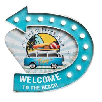 Beachcombers Iron Welcome Van Sign Wall Coastal Plaque Sign Wall Hanging Decor Decoration For The Beach With Light-Up Led 19 x 1.75 x 18 Inches.