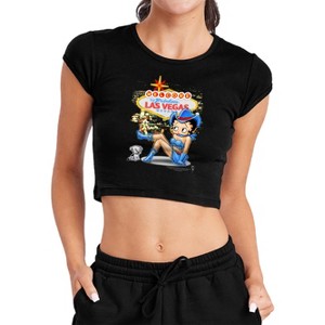 Women's Betty Boop Welcome Las Vegas Cap Sleeve Baby Rib Crop Top - 1 of 4
