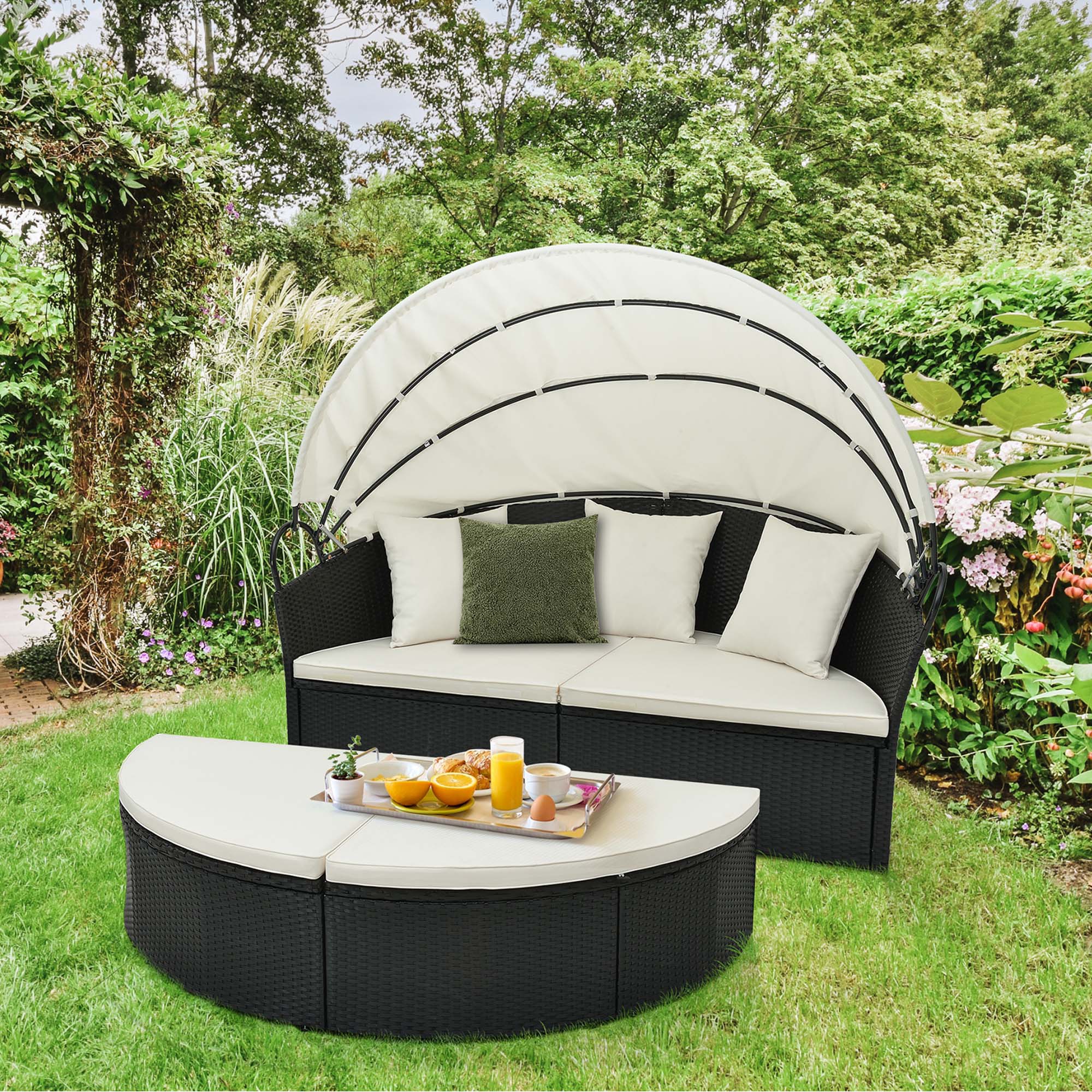 Costway Patio Round Daybed with Retractable Canopy Rattan Sectional Seating Off White