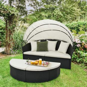 Costway Patio Round Daybed with Retractable Canopy Rattan Sectional Seating Black/White