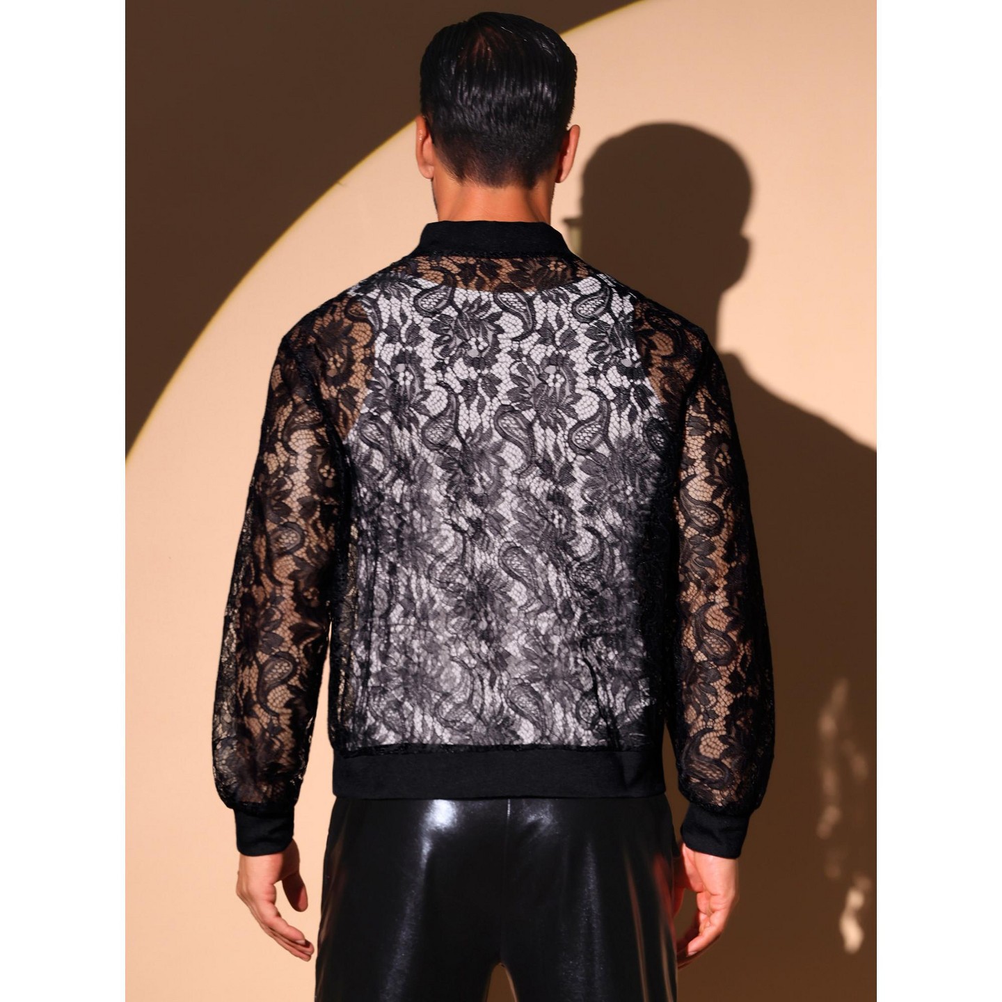 Мужские куртки INSPIRE CHIC Hollow Floral Lace See Through Lightweight Long Sleeve Zip Up Jackets X-Large Black, цвет: С принтом — фото 3