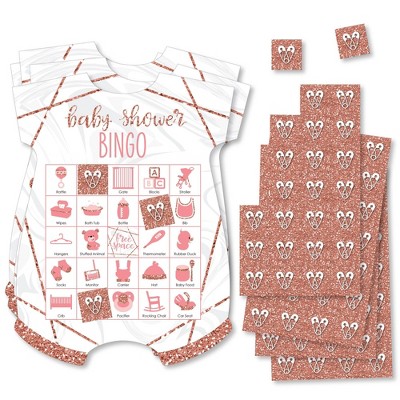 Big Dot of Happiness It’s Twin Girls - Picture Bingo Cards and Markers - Pink and Rose Gold Twins Baby Shower Shaped Bingo Game - Set of 18