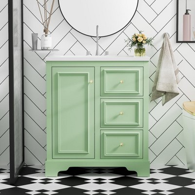30-Inch Bathroom Vanity Cabinet with Ceramic Basin, 3 Drawers and Adjustable Shelves
