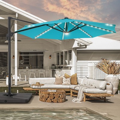 Sonkuki 11FT Round Offset Outdoor Solar LED Patio Aluminum Cantilever Umbrella w/ Base Included & Infinite Canopy Angle Adjustment