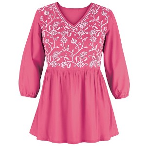 Collections Etc Floral Embroidered Woven Long Length V-Neck Tunic - 1 of 4
