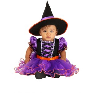 HalloweenCostumes.com Infant Purple Ribbon Witch | Satin Baby Velour Dress with Mesh Ruffles & Felt Hat, Halloween Skirt - 1 of 4