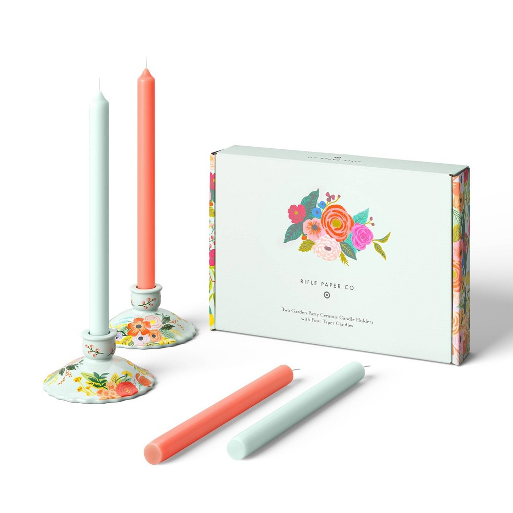 Photos - Figurine / Candlestick Rifle Paper Co. x Target Set of 4 Garden Party Taper Candles with Set of 2 Candlestick Holders: Ceramic, Multicolored, Table