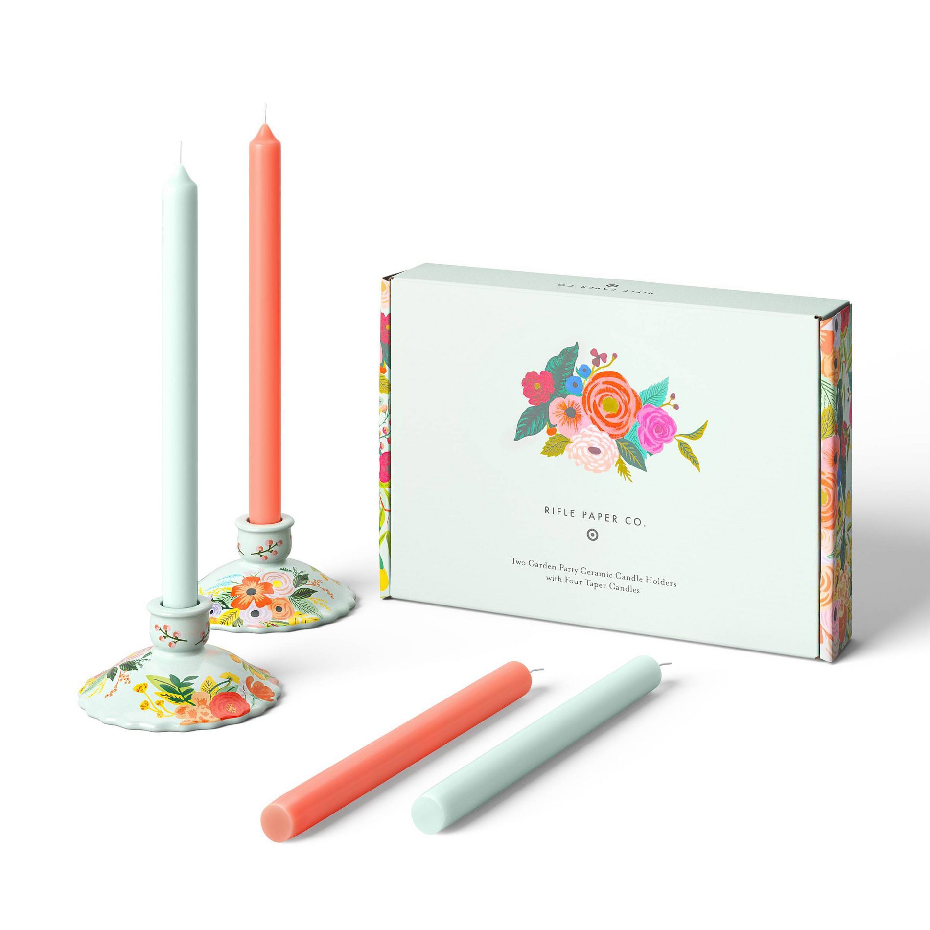 Rifle Paper Co. x Target Set of 4 Garden Party Taper Candles with Set of 2 Candlestick Holders: Ceramic, Multicolored, Tabletop Decor