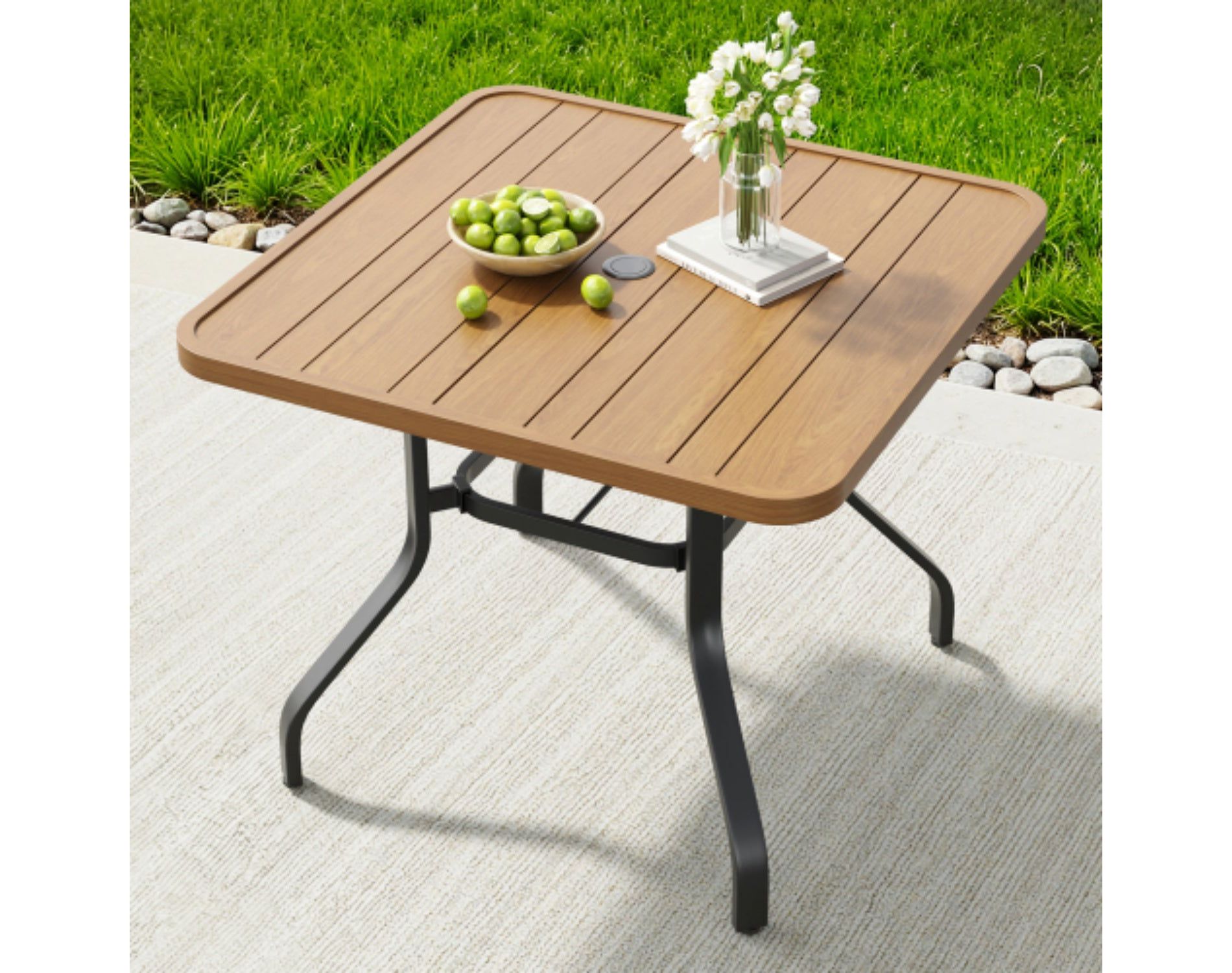 35 Inch Natural Square Patio Dining Table with Umbrella Hole, Weather-Resistant Metal Outdoor Table for Yard Poolside